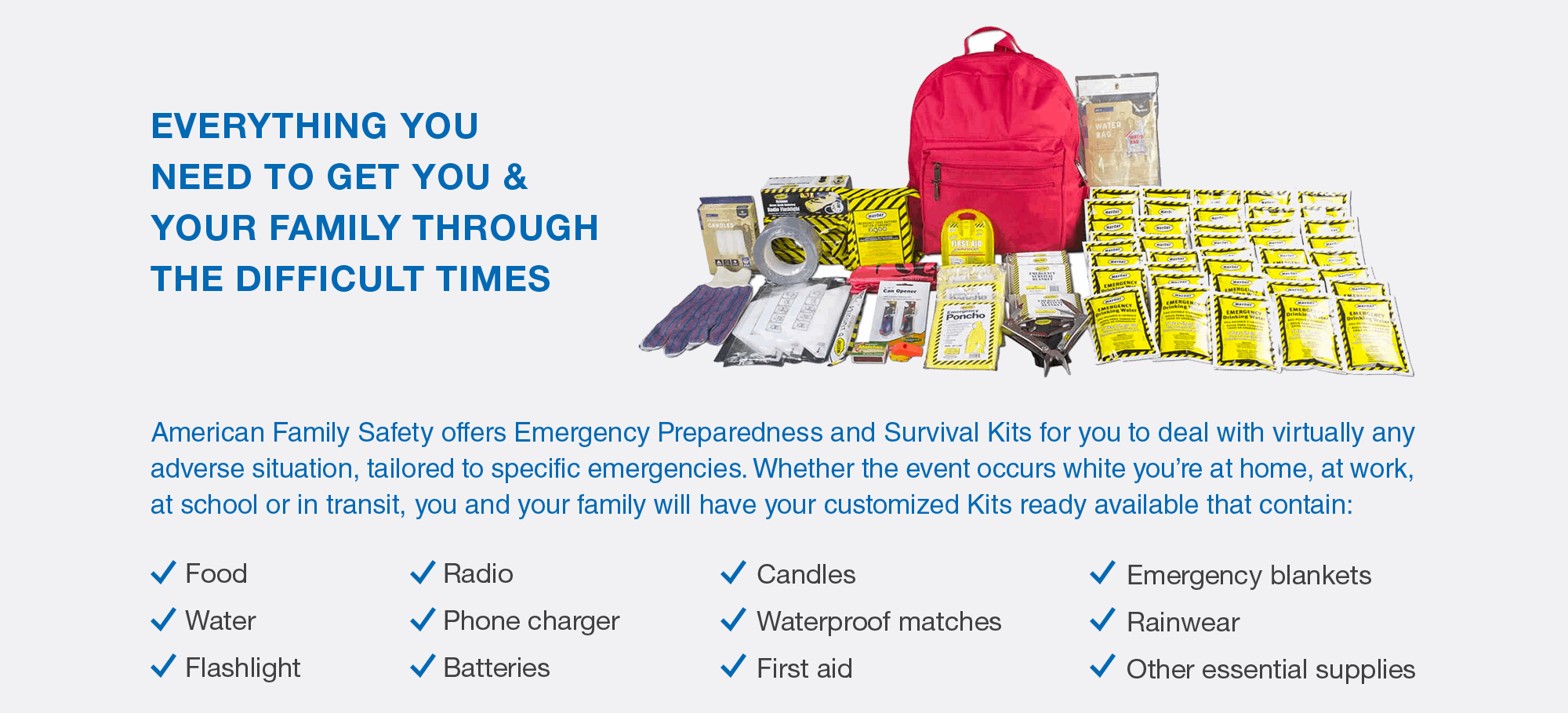 Ready for the Coronavirus? American Family Safety is the leading provider of EMERGENCY PREPAREDNESS KITS For Home, Office, School and Seniors