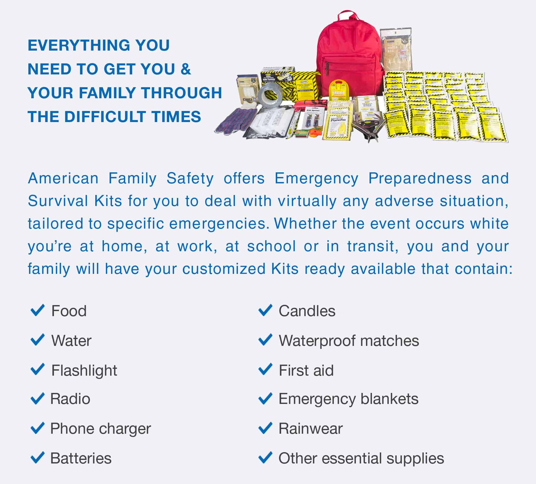 Ready for the Coronavirus? American Family Safety is the leading provider of EMERGENCY PREPAREDNESS KITS For Home, Office, School and Seniors